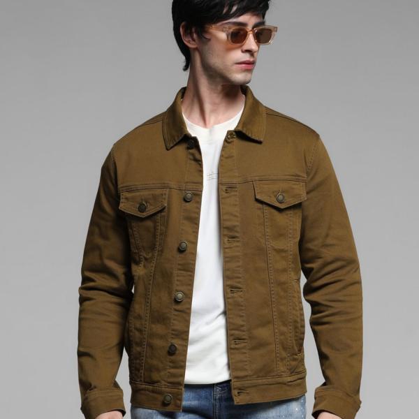 Men’s Premium Brown Cotton Denim Jacket – Full Sleeves, Button Closure, Regular Fit
