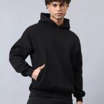 Men’s Black Solid Fleece Hooded Winter Sweatshirt | Logo Print | Warm Casual Wear