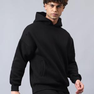 Men’s Black Solid Fleece Hooded Winter Sweatshirt | Logo Print | Warm Casual Wear