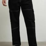 Men’s Lightly Washed Relaxed Fit Cargo Jeans – Mid-Rise, Full-Length Utility Denim (Black)