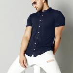 Men’s Blue Solid Cotton Blend Half Sleeve Shirt – Mandarin Collar | Regular Fit | Frost Clothing