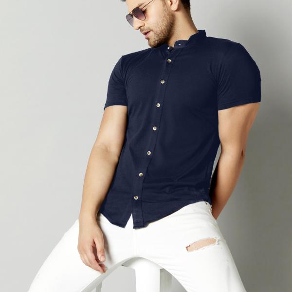 Men’s Blue Solid Cotton Blend Half Sleeve Shirt – Mandarin Collar | Regular Fit | Frost Clothing