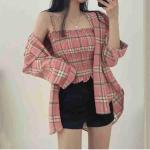 Women’s Black & White Plaid Crop Top with Long Sleeves – Stylish Shirt & Tube Top Combo