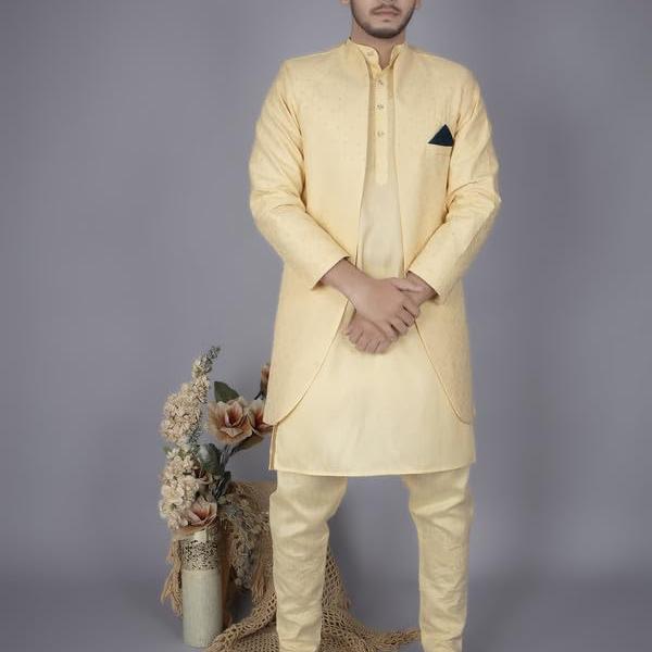 Men’s Premium Jacquard Kurta Pajama with Ethnic Long Jacket Set – Festive & Wedding Wear