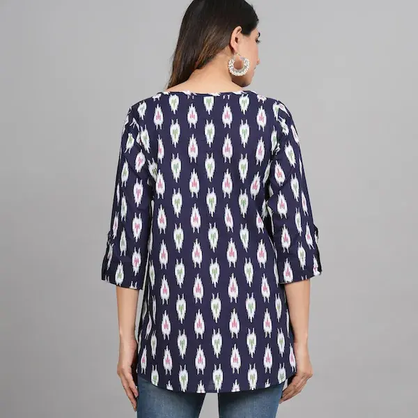 Women’s Blue Printed Cotton Short Kurti – Stylish Designer Kurta for Jeans | XL Size | Casual & Work Wear