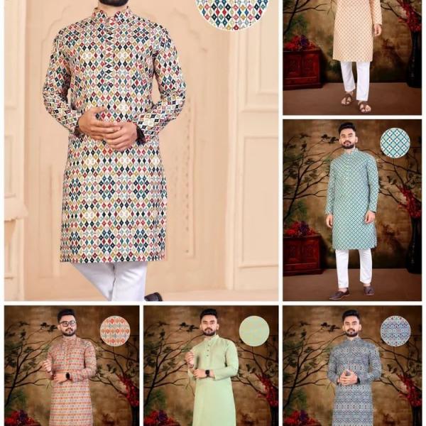 Men’s Multicolor Cotton Embroidered Kurta Pajama Set – Premium Crochet Sequins & Digital Print | Regular Fit