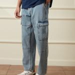 Men’s Casual Loose Fit Blue Denim Cargo Pants – Pure Cotton, Mid-Rise, Clean Look