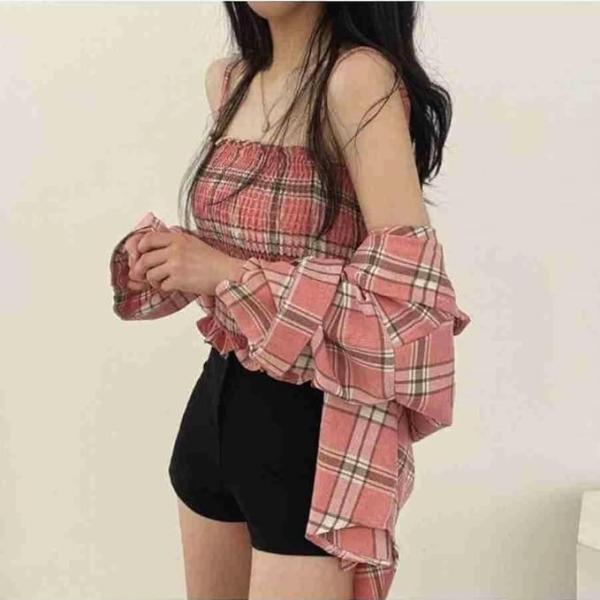 Women’s Black & White Plaid Crop Top with Long Sleeves – Stylish Shirt & Tube Top Combo