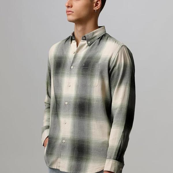 Men’s Green Checked Slim Fit Cotton Casual Shirt – Full Sleeves | Button-Down Collar