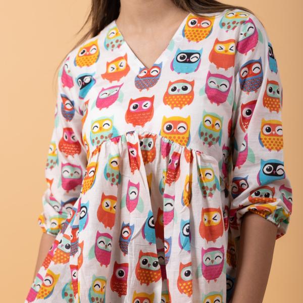 White Owl Printed 100% Cotton Summer Short Kurti for Jeans – Trendy Casual Wear for Women