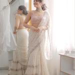 White Faux Georgette Saree with Multi-Thread Sequins Embroidery & Real Mirror Work | Bollywood Style Saree for Women