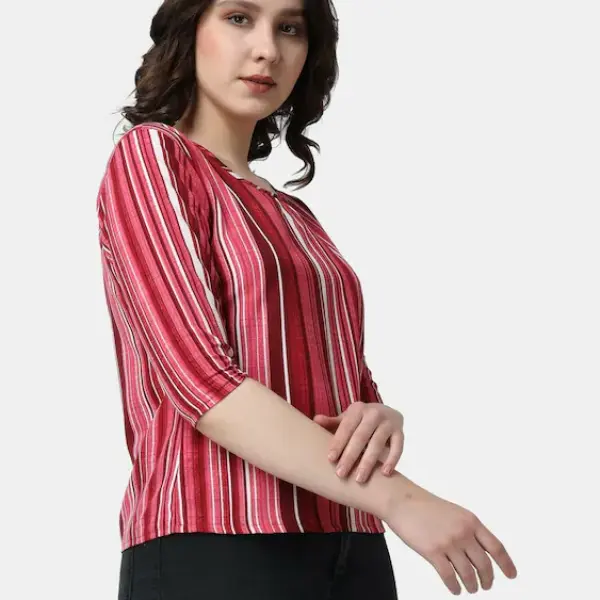 UrbanTraders Casual Women’s Pink Striped Printed Top | 3/4th Sleeves | Stylish Round Neck Top | Latest Trendy Tops for Women