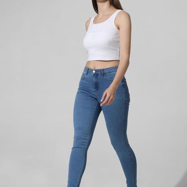 Light Blue Mid-Rise Skinny Fit Stretch Denim Jeans for Women's
