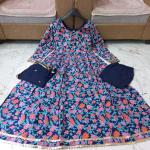 Women's Blue Rayon Printed Long Gown Kurti Set with Pant & Dupatta