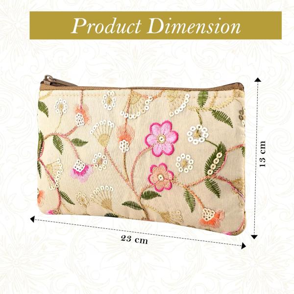 Traditional Embroidered Hand Purse Set for Women – 2 Pcs Floral Zip Pouch | Ethnic Ladies Wallet | Cream & Light Pink