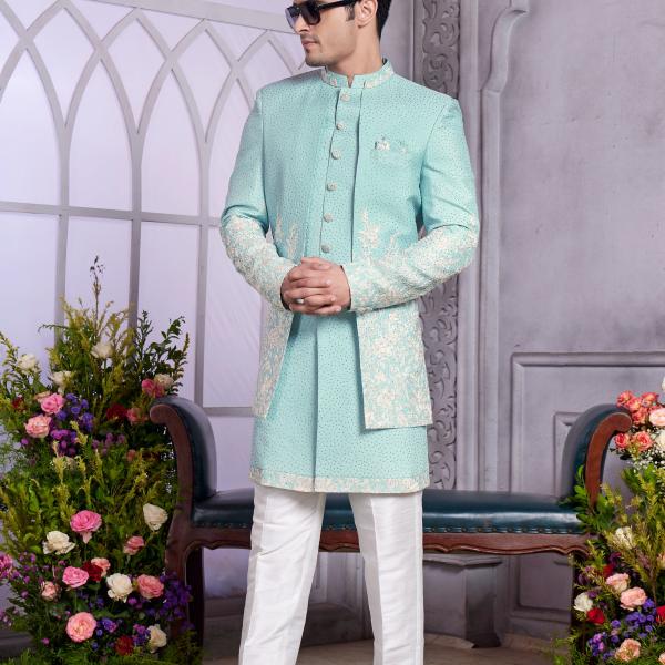 Mint Green Premium Indo Western Set for Men | Art Silk Ethnic Wedding Outfit