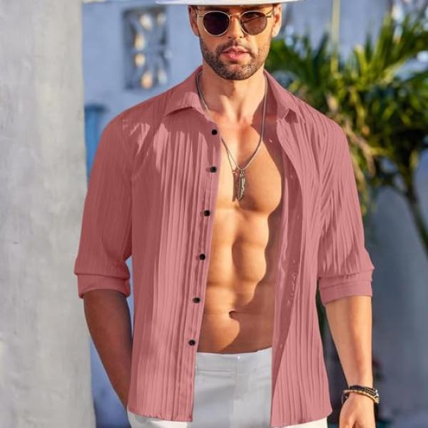 Men’s Casual Textured Cotton Button-Down Shirt – Long Sleeve Lightweight Popcorn Fabric Summer Shirt