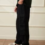 UrbanTraders Black Casual Loose Fit Pure Cotton Denim Cargo Pants – Utility Style Mid-Rise Clean Look