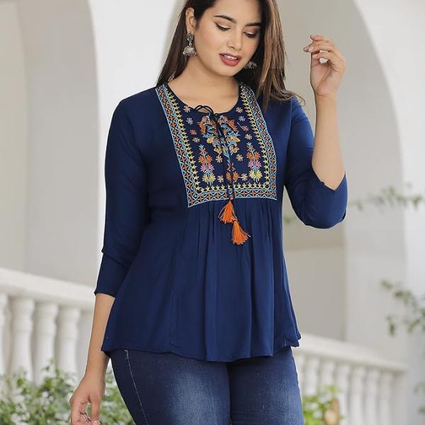 Women’s Blue Embroidered Cotton Long Top – Sanganeri Print, 3/4 Sleeves
