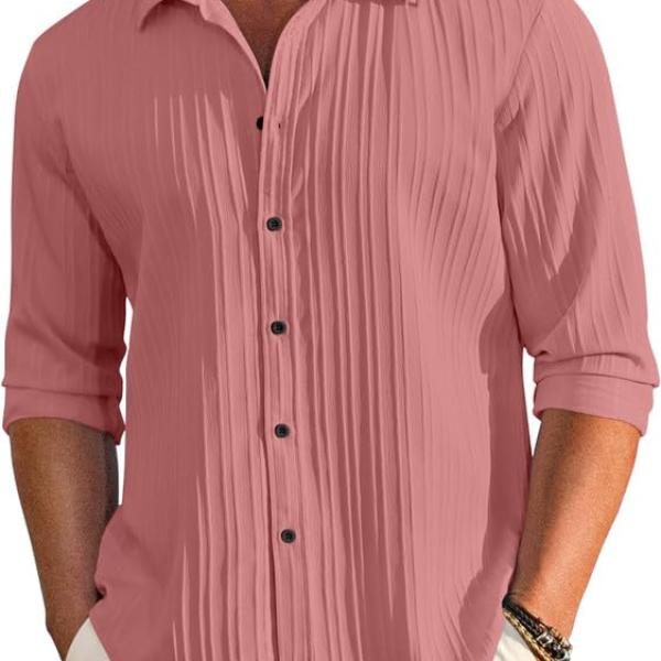 Men’s Casual Textured Cotton Button-Down Shirt – Long Sleeve Lightweight Popcorn Fabric Summer Shirt