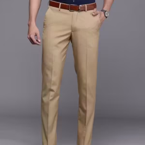 Men’s Solid Beige Slim Fit Polyester Trousers | Formal & Office Wear Pants for Men