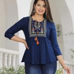 Women’s Blue Embroidered Cotton Long Top – Sanganeri Print, 3/4 Sleeves