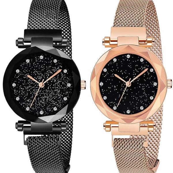 Premium Women’s Analogue Watch Combo – Black Diamond Dial with Purple & Rosegold Magnetic Strap (Pack of 2)
