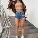 Women’s Solid High-Waist Ripped Denim Shorts – Raw Hem, Summer Casual Wear