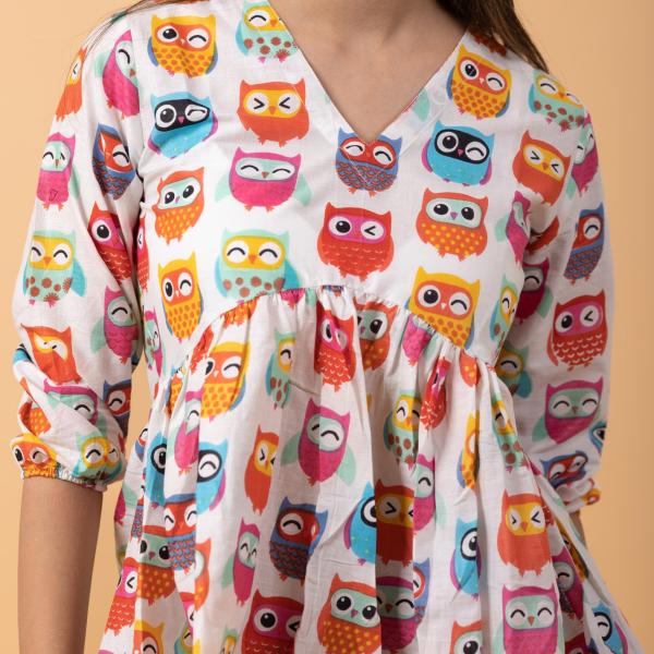 White Owl Printed 100% Cotton Summer Short Kurti for Jeans – Trendy Casual Wear for Women