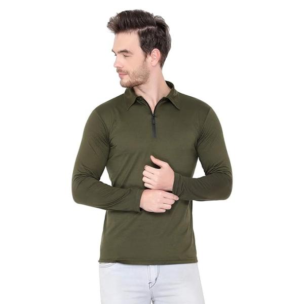 Men’s Cotton Blend Full Sleeve Polo Collar T-Shirt with Zip Neck – Dark Green & Olive