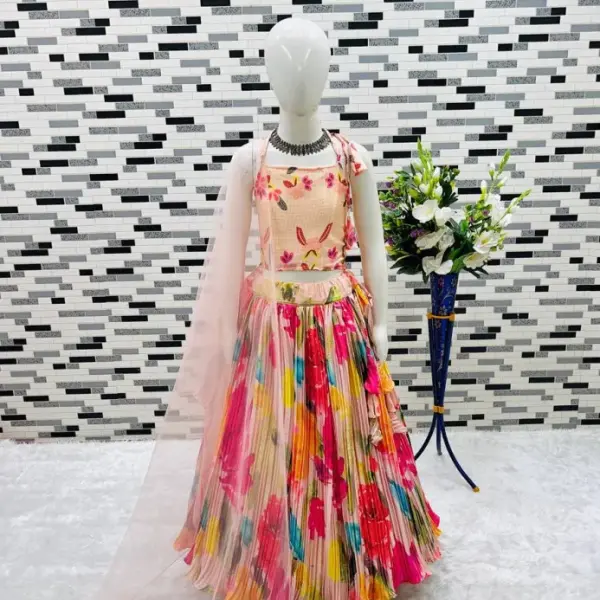 Peach Chinon Silk Digital Print Kids Lehenga Choli – Readymade Festive & Wedding Wear