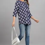 Women’s Blue Printed Cotton Short Kurti – Stylish Designer Kurta for Jeans | XL Size | Casual & Work Wear