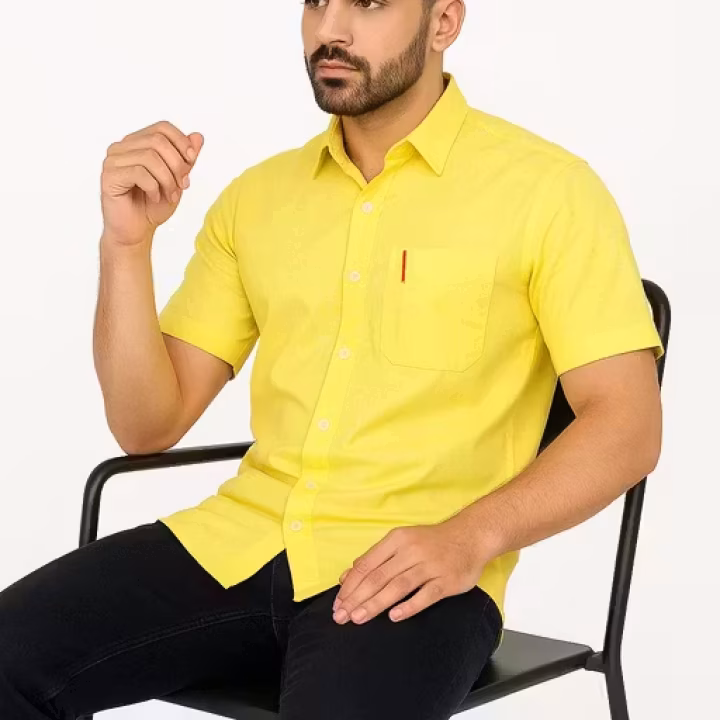 Yellow Khadi Cotton Half Sleeve Shirt for Men – Regular Fit | Spread Collar & Chest Pocket | Office & Everyday Wear