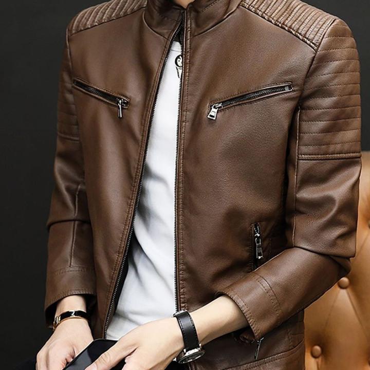 Men’s Brown Solid Leather Jacket with Mock Collar & Zip Closure – Classic Winter Style