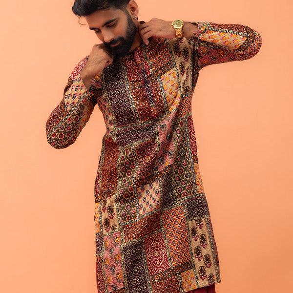 Men’s Multicolor Cotton Blend Printed Kurta – Stylish & Comfortable Regular Fit