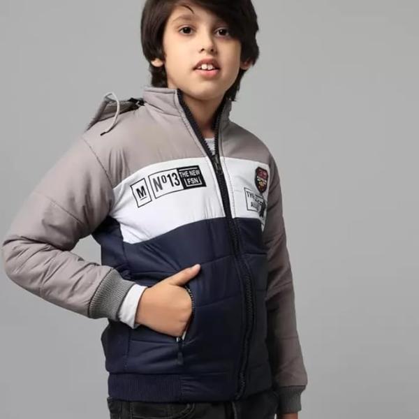 Boys Stylish Full Sleeve Winter Hoodie Jacket – Warm Pullover with Cap (Grey–Navy Blue)
