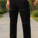 Men’s Lightly Washed Relaxed Fit Cargo Jeans – Mid-Rise, Full-Length Utility Denim (Black)