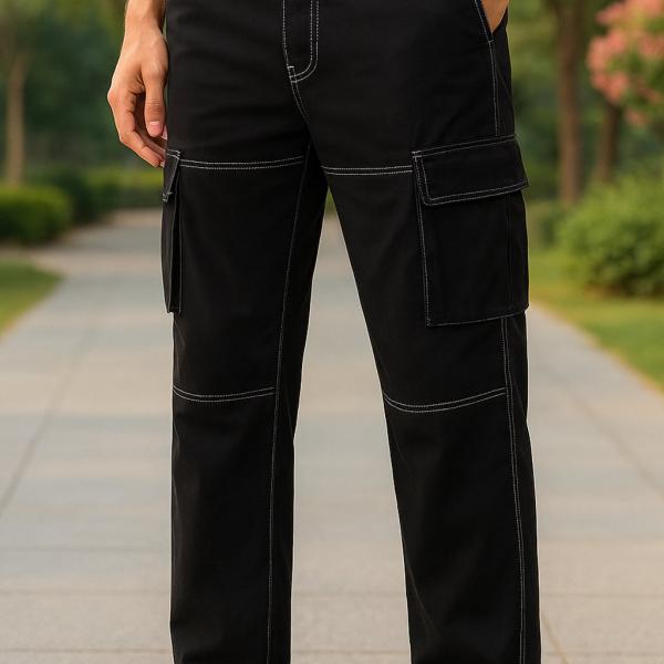 Men’s Lightly Washed Relaxed Fit Cargo Jeans – Mid-Rise, Full-Length Utility Denim (Black)