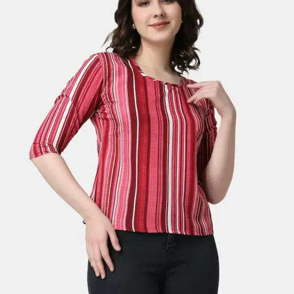 UrbanTraders Casual Women’s Pink Striped Printed Top | 3/4th Sleeves | Stylish Round Neck Top | Latest Trendy Tops for Women