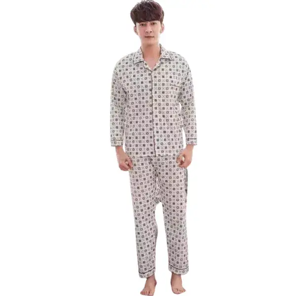 Men’s Light Grey Printed Cotton Night Suit Set – Shirt & Pyjama | Stylish Sleepwear & Loungewear