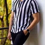 Men’s Premium Striped Lycra Partywear Shirt – Short Sleeve, Slim Fit & Stylish Design