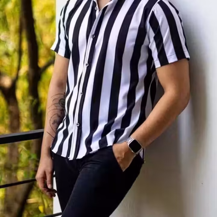 Men’s Premium Striped Lycra Partywear Shirt – Short Sleeve, Slim Fit & Stylish Design