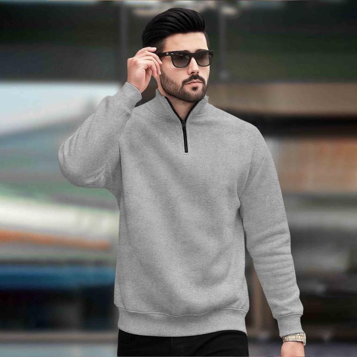 Men’s Plain High-Neck Zipper Sweatshirt – Grey | Casual Winter Wear | Full Sleeves