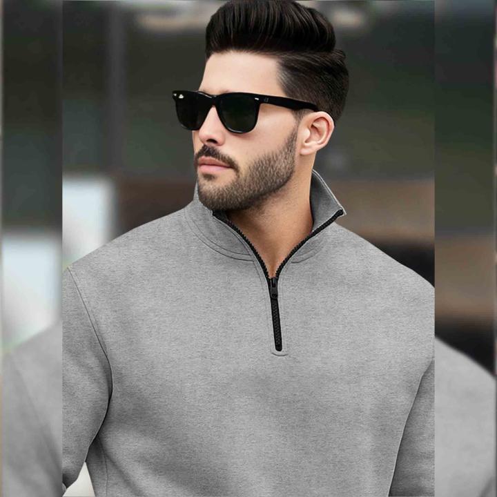 Men’s Plain High-Neck Zipper Sweatshirt – Grey | Casual Winter Wear | Full Sleeves