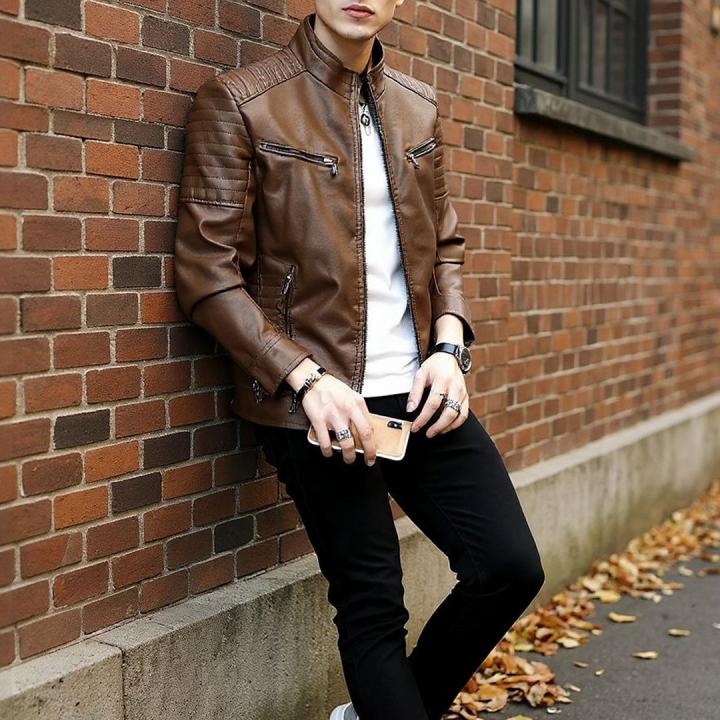 Men’s Brown Solid Leather Jacket with Mock Collar & Zip Closure – Classic Winter Style