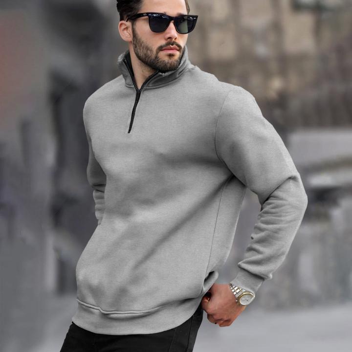 Men’s Plain High-Neck Zipper Sweatshirt – Grey | Casual Winter Wear | Full Sleeves