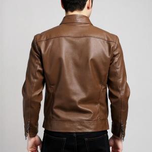 Men’s Brown Solid Leather Jacket with Mock Collar & Zip Closure – Classic Winter Style